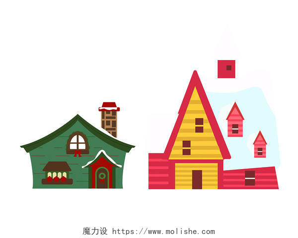 彩色手绘卡通房子房屋雪景房圣诞节元素PNG素材